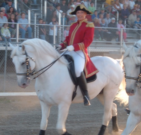 Joan riding a Lipizzaner